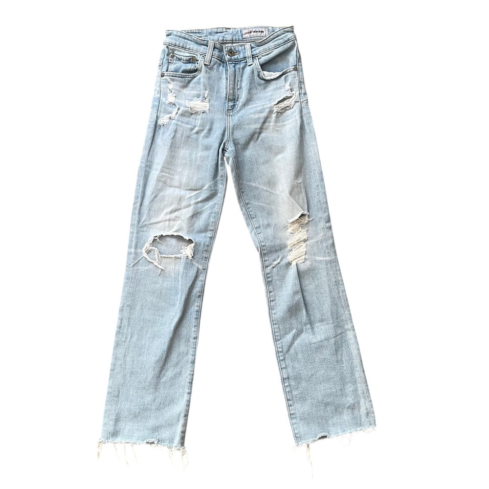 AG RHE Vintage High Rise Distressed Straight Jeans 25R Light Wash Raw Hem